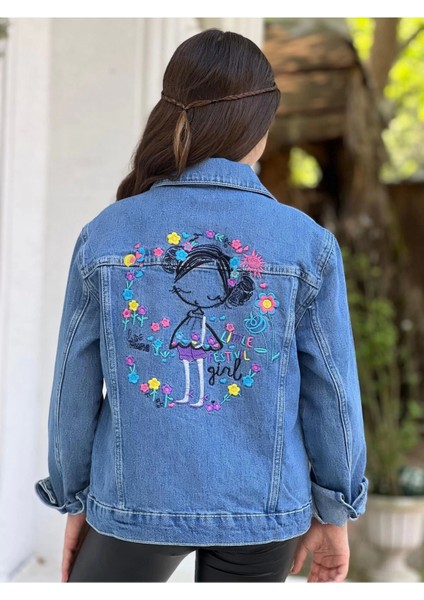 Kız Çocuk Çiçek Nakışlı Kot Ceket-Jeans Ceket/kot Mont-Jeans Mont indirimleri