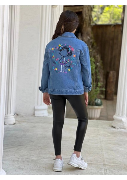 Kız Çocuk Çiçek Nakışlı Kot Ceket-Jeans Ceket/kot Mont-Jeans Mont