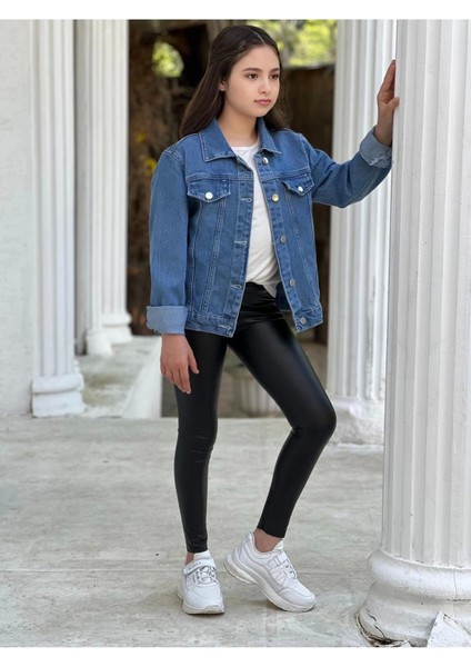 Kız Çocuk Çiçek Nakışlı Kot Ceket-Jeans Ceket/kot Mont-Jeans Mont