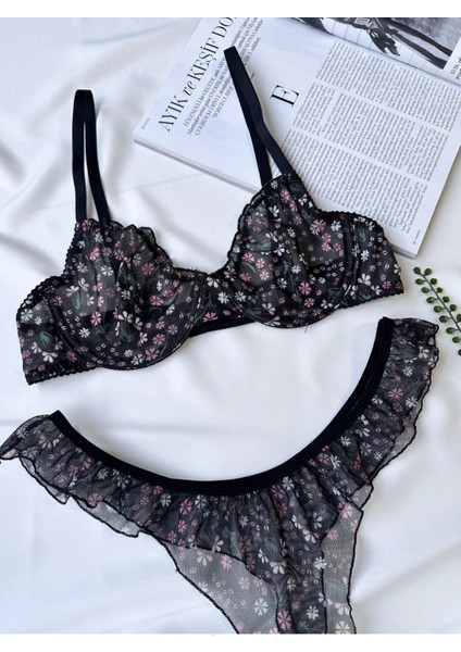 Çiçek Desenli Tül Transparan Dantel Sütyen Takımı Desteksiz Balenli 75B-90B fiyatları