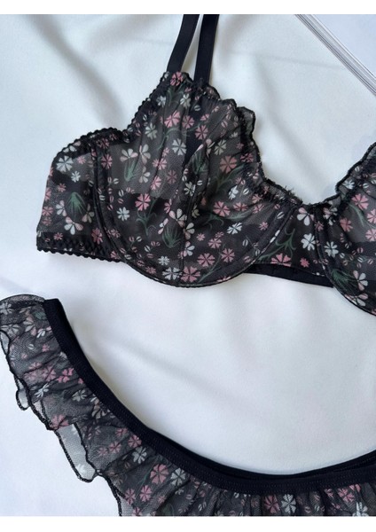 Çiçek Desenli Tül Transparan Dantel Sütyen Takımı Desteksiz Balenli 75B-90B modelleri