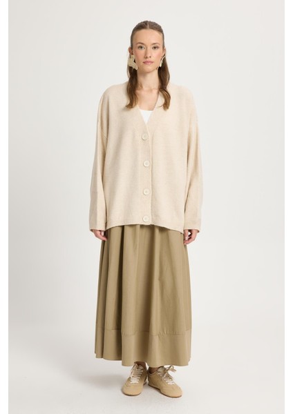 Oversize Düğmeli Triko Hırka Ekru