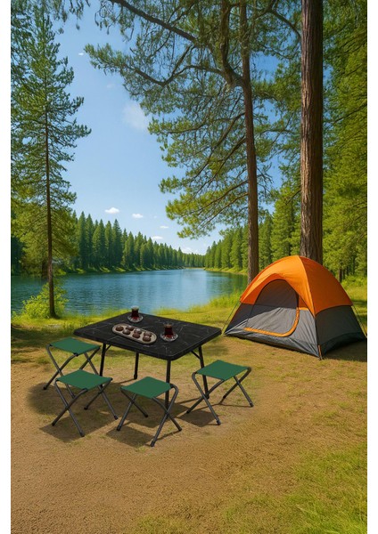 45X60 cm Kamp Sehpası + 4 Adet Yeşil Tabure Piknik, Bahçe Balkon Sehpası Katlanır Sehpa-Me-4y