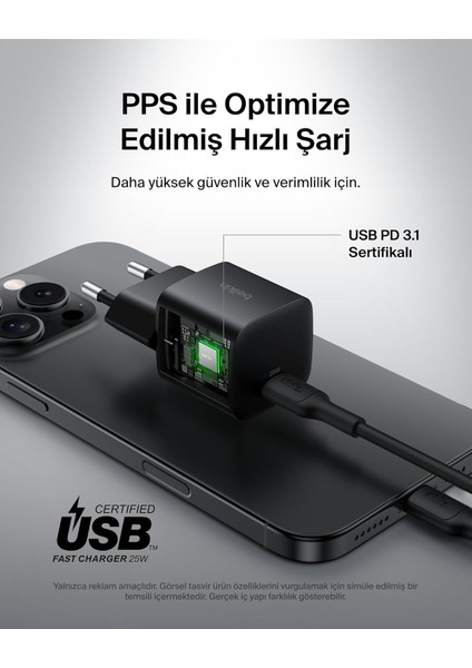 Usb-C 25 W Pd 3.0 Pps Hızlı Şarj Cihazı, Siyah modelleri