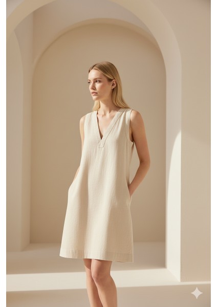 Nina Kadın Askılı Kısa Günlük Elbise Keten ve TENCEL™ Krem