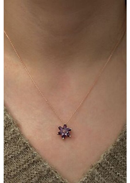 925 Ayar Gümüş Minimal Tasarım Mor Taşlı Lotus Çiçeği Kadın Kolye 42 cm modelleri
