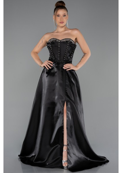 Taşlı Straplez Yaka Yırtmaçlı Uzun Saten Abiye ABU5264