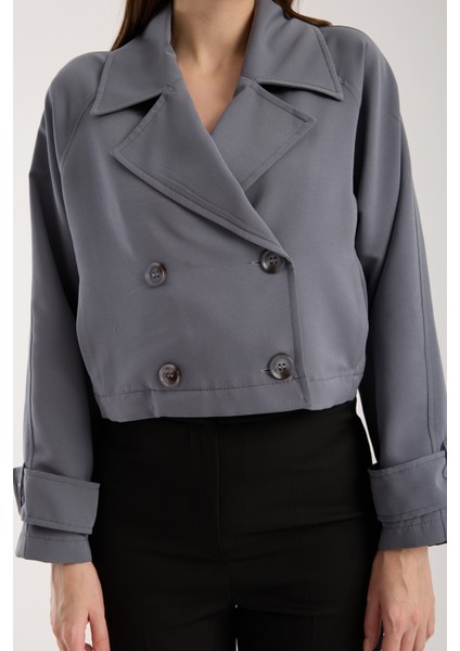 Koyu Gri Kruvaze Yaka Crop Trençkot indirimleri
