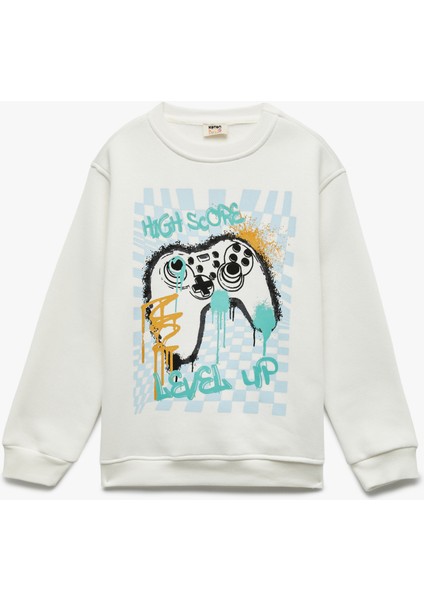 Baskılı Uzun Kollu Bisiklet Yaka Şardonlu Sweatshirt