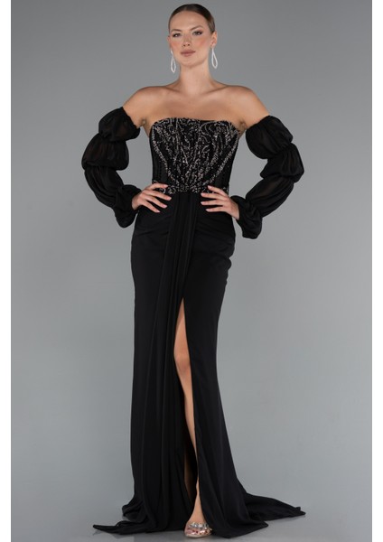 Taşlı Straplez Yırtmaçlı Uzun Şifon Abiye ABU5241