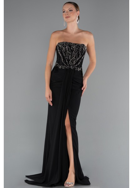 Taşlı Straplez Yırtmaçlı Uzun Şifon Abiye ABU5241 fiyatları