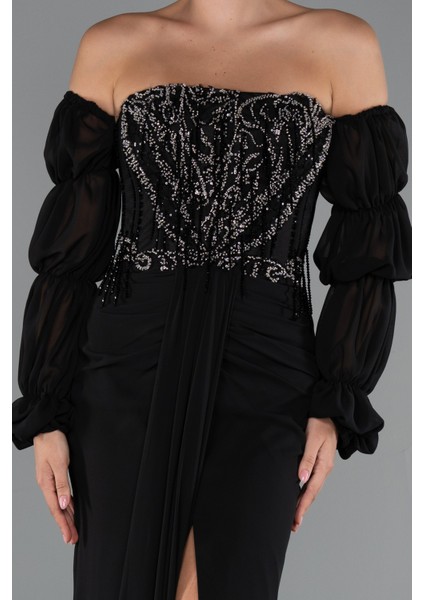 Taşlı Straplez Yırtmaçlı Uzun Şifon Abiye ABU5241 fırsatları