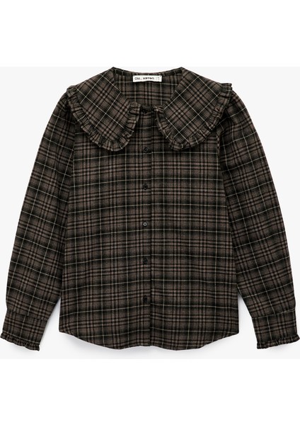 Viskon Karışımlı Fırfırlı Bebe Yaka Uzun Kollu Düğmeli Ekoseli Gömlek