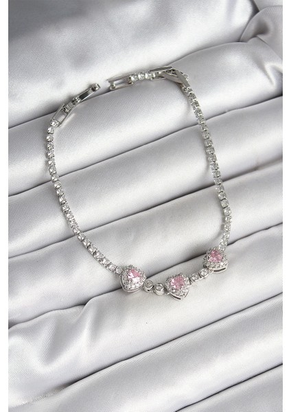 Bfs Pirinç Sıralı Pembe Kalp Figürlü Zirkon Taşlı Gümüş Renk Kadın Bileklik