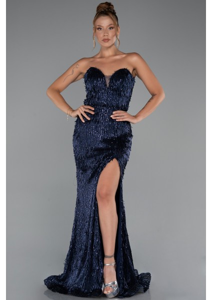 Straplez Bacak Dekolteli Boncuklu Uzun Abiye ABU5292