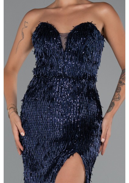 Straplez Bacak Dekolteli Boncuklu Uzun Abiye ABU5292 modelleri