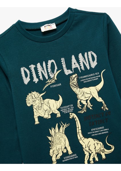 Uzun Kollu Bisiklet Yaka Pamuklu Dinozor Baskılı Tişört modelleri