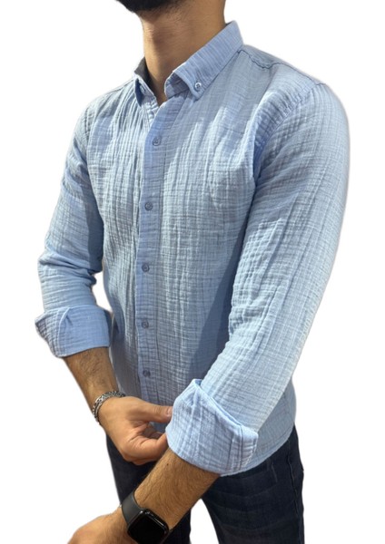 Erkek Keten Gömlek Mavi