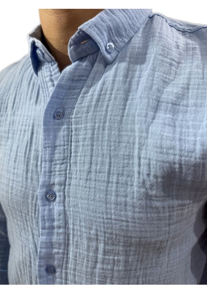 Erkek Keten Gömlek Mavi modelleri