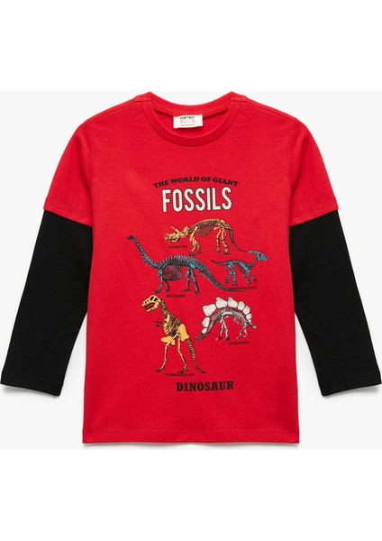 Dinozor Baskılı Uzun Kollu Pamuklu Bisiklet Yaka Tişört