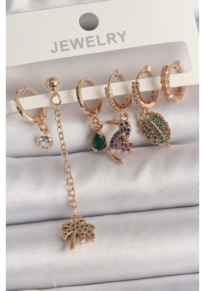 Bfs Pirinç Gold Renk Sallantı Zirkon Taşlı Ağaç Figür Kadın Küpe Seti