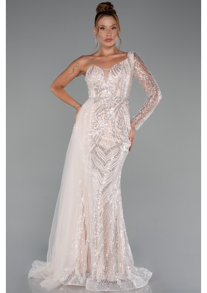 Tek Kol Taşlı Uzun Büyük Beden Özel Tasarım Abiye ABU5273