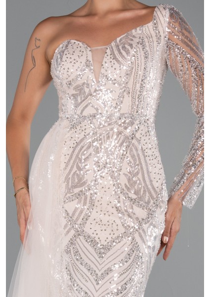 Tek Kol Taşlı Uzun Büyük Beden Özel Tasarım Abiye ABU5273 modelleri