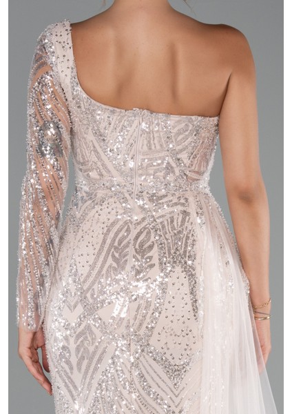 Tek Kol Taşlı Uzun Büyük Beden Özel Tasarım Abiye ABU5273 fırsatları