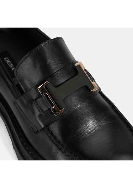 Erkek Siyah Metal Toka Detaylı Deri Loafer
