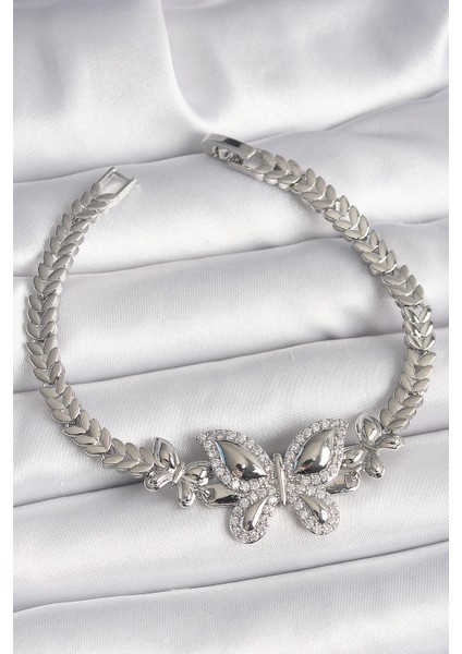 Bfs Pirinç Gümüş Renk Zirkon Taşlı Kelebek Model Kadın Bileklik