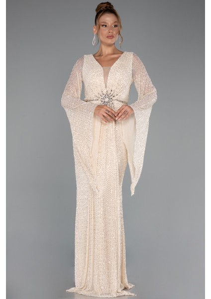 Simli Uzun Kol Beli Taşlı Özel Tasarım Abiye ABU5289