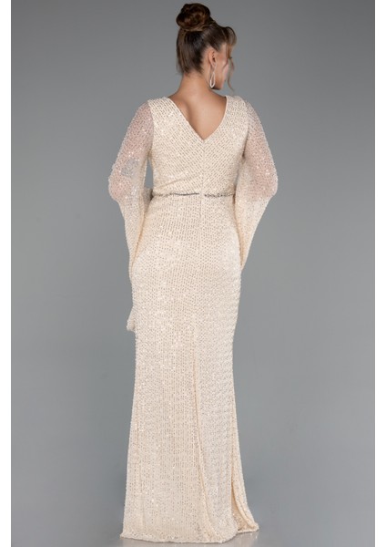 Simli Uzun Kol Beli Taşlı Özel Tasarım Abiye ABU5289 fiyatları