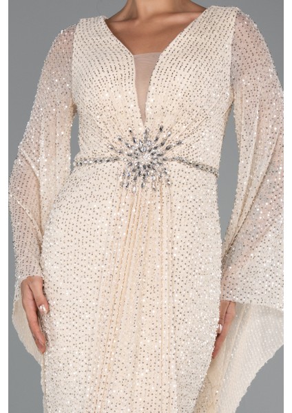 Simli Uzun Kol Beli Taşlı Özel Tasarım Abiye ABU5289 modelleri