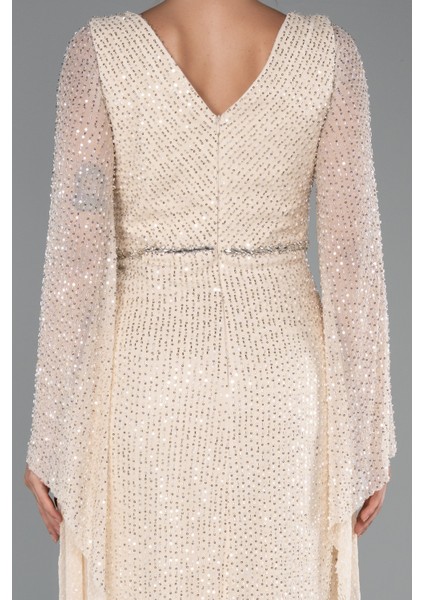 Simli Uzun Kol Beli Taşlı Özel Tasarım Abiye ABU5289 fırsatları