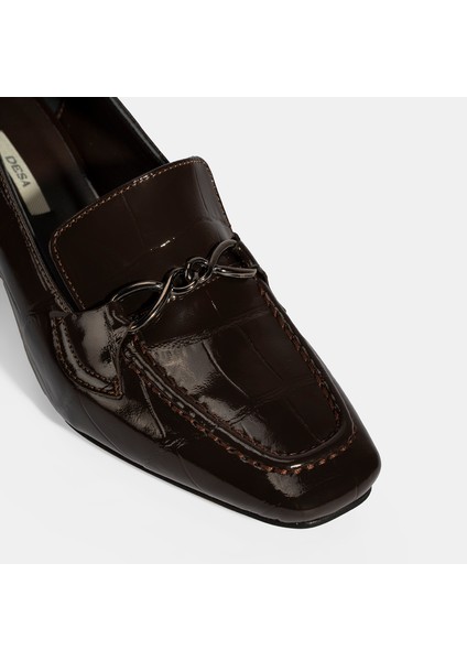Kadın Kahve Kroko Baskılı Topuklu Rugan Loafer