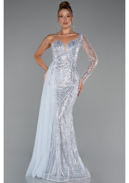 Tek Kol Taşlı Uzun Büyük Beden Özel Tasarım Abiye ABU5273