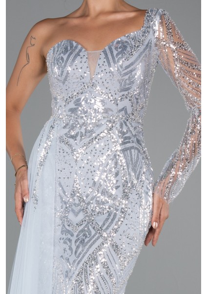 Tek Kol Taşlı Uzun Büyük Beden Özel Tasarım Abiye ABU5273 modelleri