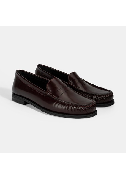 Kadın Bordo Klasik Deri Loafer