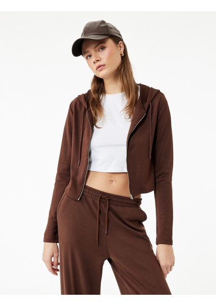 Kapüşonlu Fermuarlı Uzun Kollu Modal Karışımlı Crop Sweatshirt