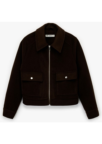 Uzun Kollu Klasik Yaka Cep Detaylı Oversize Fermuarlı Ceket