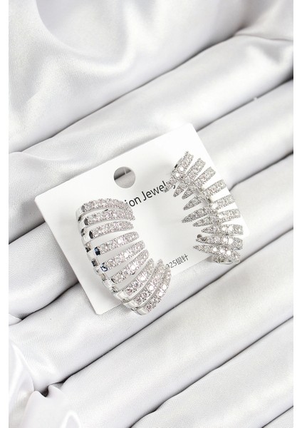 Bfs Pirinç Zirkon Taşlı Çoklu Görünümlü Model Gümüş Renk Kadın Küpe