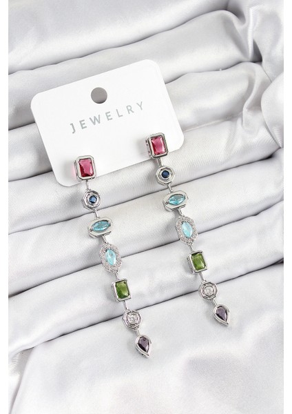 Bfs Pirinç Renkli Zirkon Taşlı Sallantılı Model Gümüş Renk Kadın Küpe