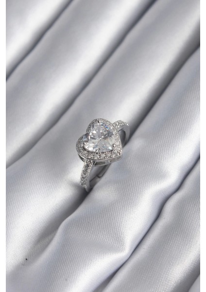 Bfs Pirinç Gümüş Renk Zirkon Taş Kalp Charm Model Kadın Yüzük