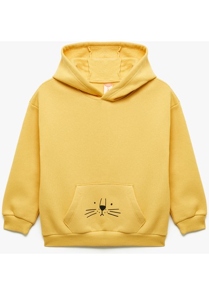 Şardonlu Uzun Kollu Kanguru Cepli Aslan Baskılı Kapşonlu Sweatshirt