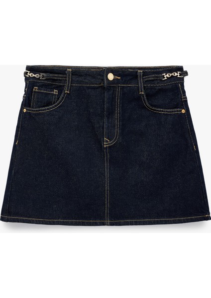 Kemer Detaylı A Kesim Mini Denim Etek