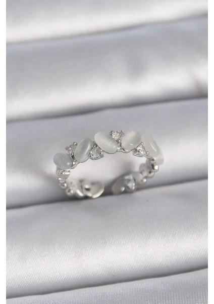 Bfs Pirinç Gümüş Renk Ayarlanabilir Zirkon Taşlı Beyaz Mineli Model Kadın Yüzük