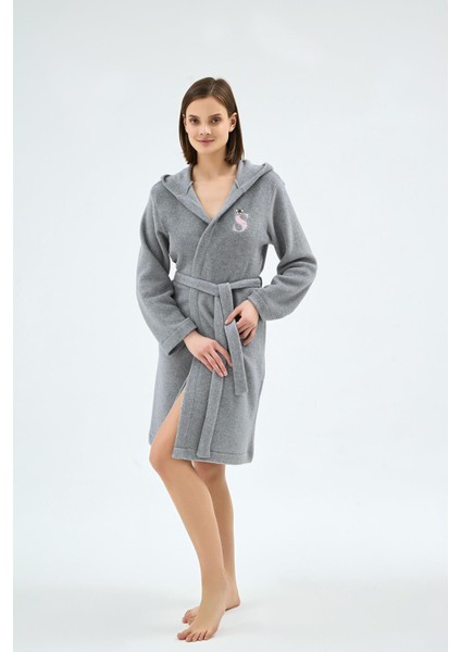 Kadın Kapüşonlu Kuşaklı Polar Gri Sabahlık C4T9N071