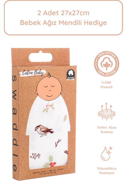 %100 Pamuk Premium & Hafif Müslin Bezi Örtüsü I 90x75 cm I Mavi I Kuş Desenli & 2 Adet Ağız Mendili 27x27cm