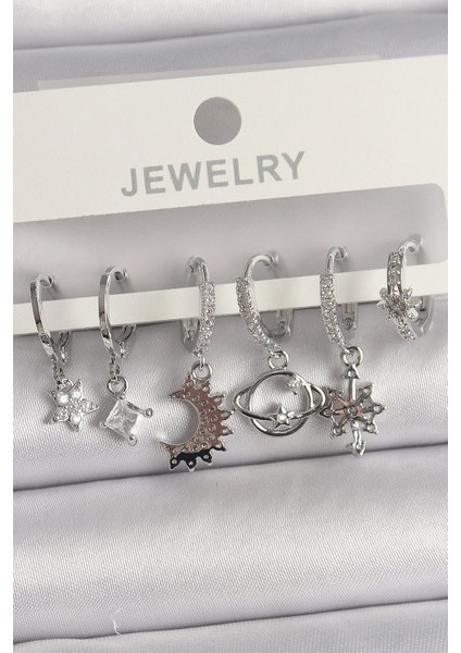 Bfs Pirinç Gümüş Renk Zirkon Taşlı Gezgen Model Kadın Küpe Seti