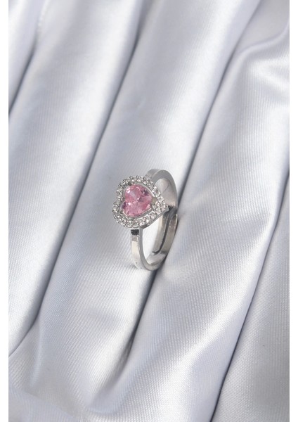 Bfs Pirinç Gümüş Renk Pembe Zirkon Taşlı Charm Model Kadın Yüzük